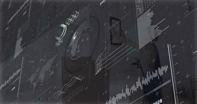 Upon transparent interface fading woman lifting frame and aligning level against finance chart wall