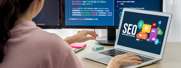 SEO search engine optimization for brisk e-commerce and online retail business showing on computer...