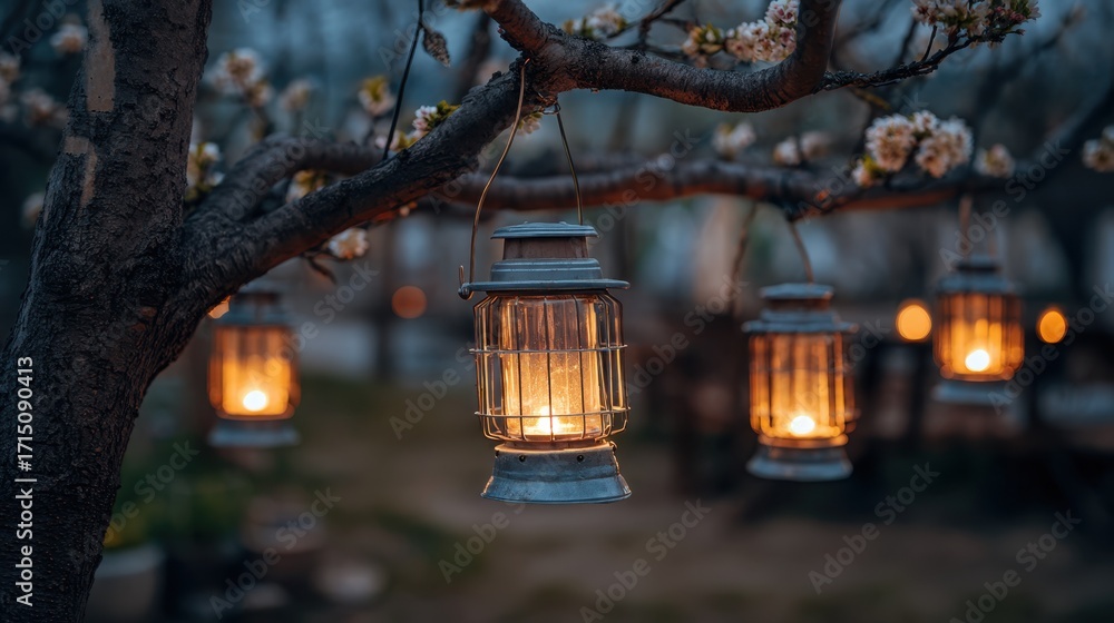 Poster medium shot of energyefficient solar lanterns hanging from tree branches casting a cozy light while 