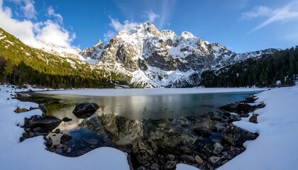Obraz premium Frozen alpine lake reflecting snowy peaks (1)