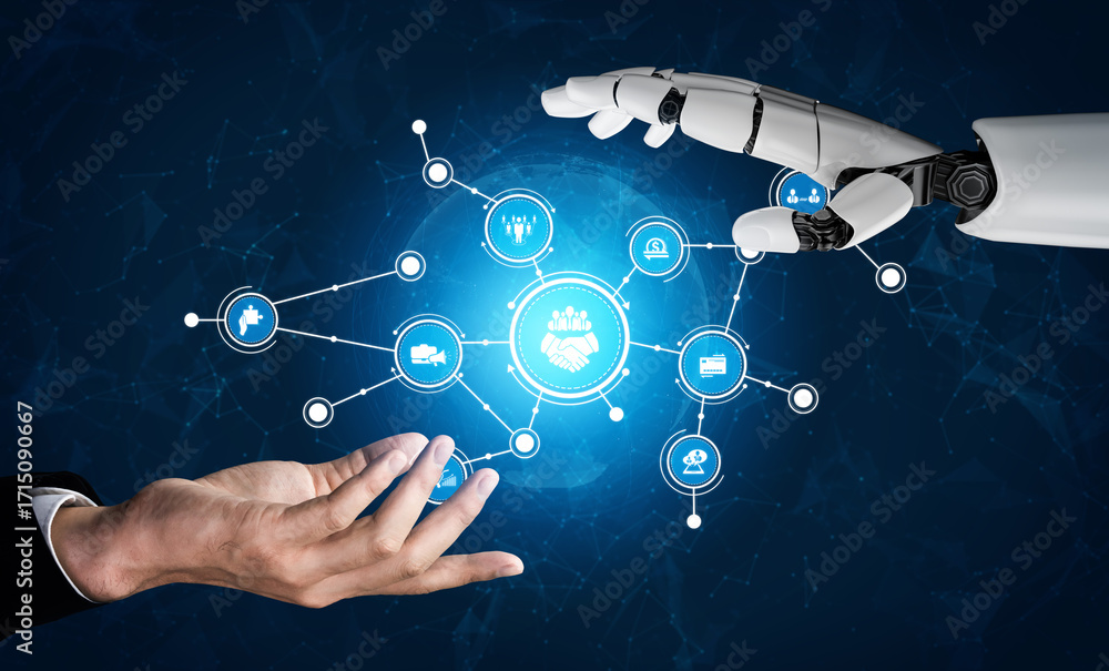 Aufkleber a captivating image showing a human hand reaching for a robotic hand, symbolizing the merging of tec