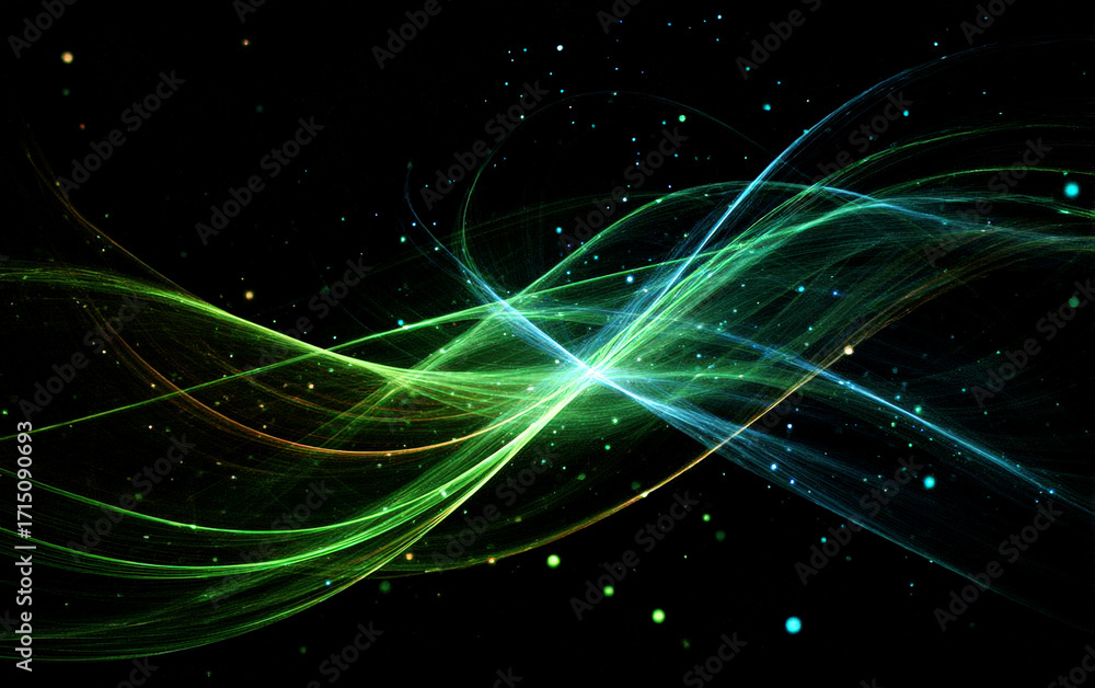 Poster abstract green and blue light lines with sparkling points on black background