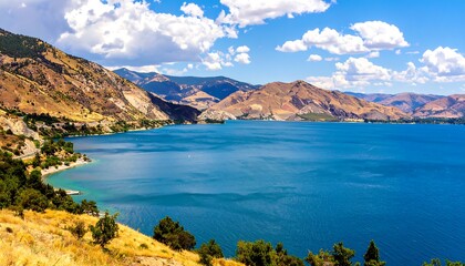 Panoramic view of a serene lake nestled between mountains under a partly cloudy sky