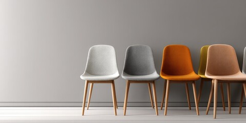 Modern chairs arranged in a stylish line against a neutral wall in a contemporary interior space