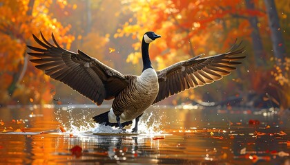 Majestic Goose in Autumnal Flight Landing on Water