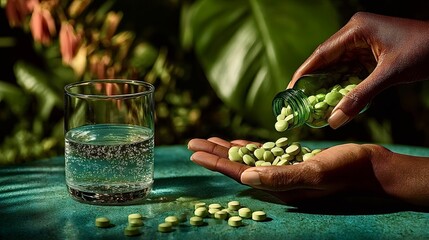 Woman pouring green pills from a bottle into hand with glass of water