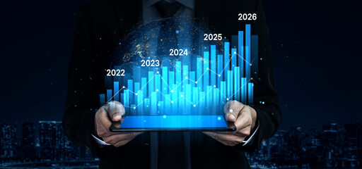 Business bar chart and line graph showing yearly business growth from 2022 to new year 2026, represent data analytics, future 2026 planning, business 2026 trend, and performance analysis 2026 Vouch