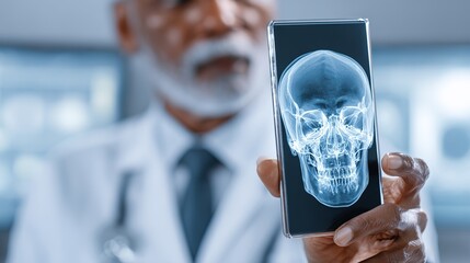 Doctor reviews advanced digital X-ray scan of human skull on modern smartphone screen