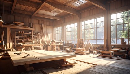 A spacious wooden workshop bathed in natural sunlight, filled with woodworking tools and lumber, showcasing a warm and inviting atmosphere.