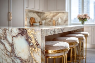 Beautiful kitchen counter with elegant marble design and stylish bar stools in a modern setting during daytime