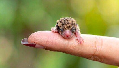 An incredibly tiny newborn animal, likely a feline, is resting serenely on a human fingertip, showcasing its miniature form and delicate features