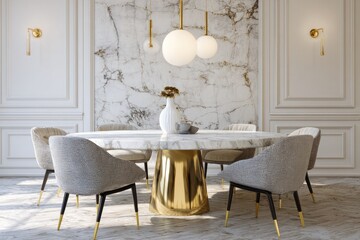 Elegant modern dining room with marble table and stylish chairs in a bright, luxurious setting