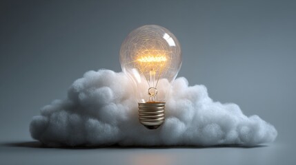 A light bulb floats effortlessly above a fluffy white cloud, illuminating the space with a soft glow. The neutral background enhances the ethereal quality of the scene.
