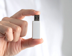  Mano sosteniendo memoria USB blanca dispositivo almacenamiento port&aacute;til tecnolog&iacute;a datos transferencia archivo digital