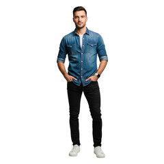 Naklejka premium Young caucasian male in denim shirt and black pants standing confidently isolated on transparent background