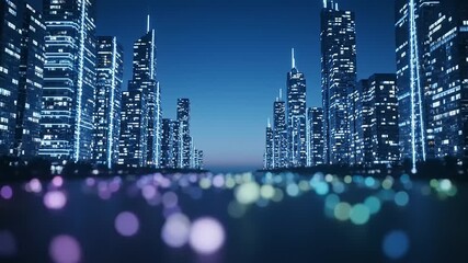 Futuristic City Night View with Glowing Skyscrapers and Bokeh Lights. Modern Urban Landscape at Dusk - Powered by Adobe