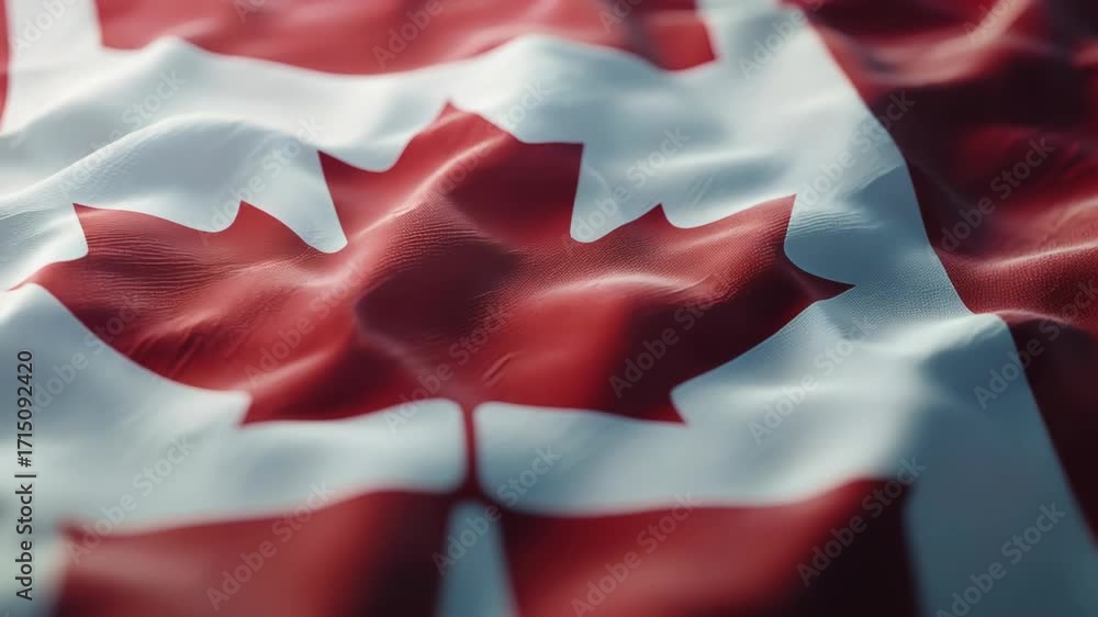 Poster a red and white flag with a maple leaf in the center. the flag is waving in the wind