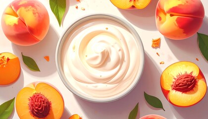 A delicate arrangement of peach halves and a bowl of whipped cream, showcasing a vibrant and fresh summer aesthetic.