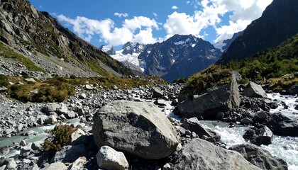 Mountain river flows through a rocky valley