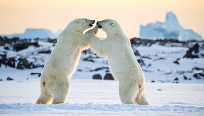 Two polar bears facing each other on snow