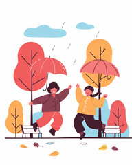 Two cheerful individuals with umbrellas joyfully jumping in an autumn park surrounded by colorful trees and falling leaves, embracing the vibrant essence of the autumn season