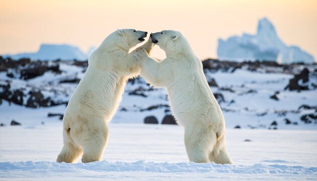 Two polar bears facing each other on snow