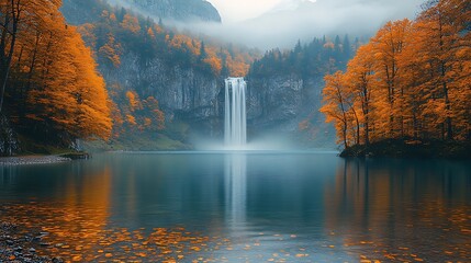 Autumn waterfall reflecting in lake