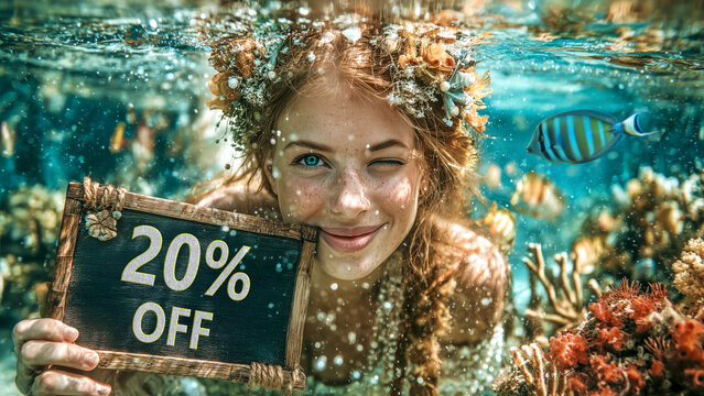 Smiling and winking mermaid with deep blue eyes, holds up a sign that reads: "20% off" while in the colorful underwater world with fish and coral. - Powered by Adobe