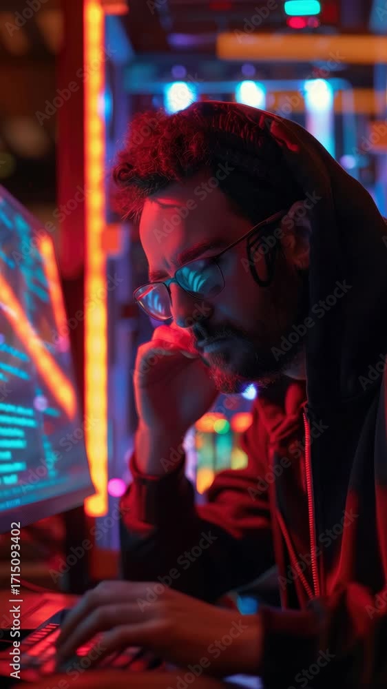 Poster a man is sitting in front of a computer with a keyboard and a mouse. he is wearing a black hoodie an
