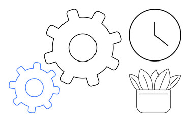 Interlocking gears, clock, and a potted plant symbolize efficiency, time management, balance, teamwork, innovation, progress and sustainability. Ideal for productivity planning collaboration