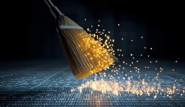 Broom sweeps digital data, cleaning floor with binary code. Concept of tech cleanup, system maintenance, and virus removal in cyberspace. Bright sparks suggest innovation and data security solutions