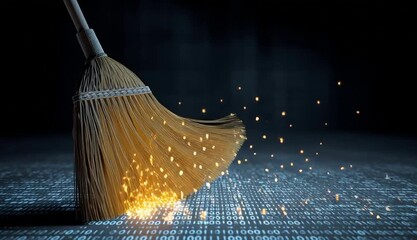 Broom sweeps digital data, cleaning floor with binary code. Concept of tech cleanup, system maintenance, and virus removal in cyberspace. Bright sparks suggest innovation and data security solutions