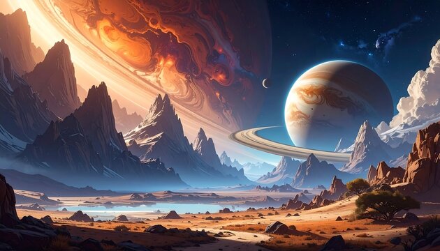 A breathtaking vista of a desert landscape on a distant planet, framed by a majestic ringed planet and dramatic mountains, showcasing vibrant colors and a captivating sense of vastness.
