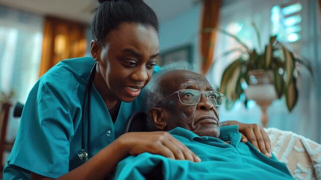 A nurse provides compassionate care to an elderly patient in a comfortable home setting. The  captures the essence of medical support for seniors.