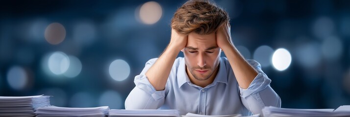 Stressed businessman holding his head at cluttered desk, stacks of documents around, dark office background with bokeh lights suggesting late-night work and mental burnout