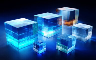 Obraz premium Colorful transparent cubes with glowing effects in a dark background