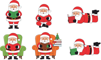 Santa Claus reading book in various cozy poses, holiday illustration for Christmas education, relaxation, storytelling, festive learning and winter joy