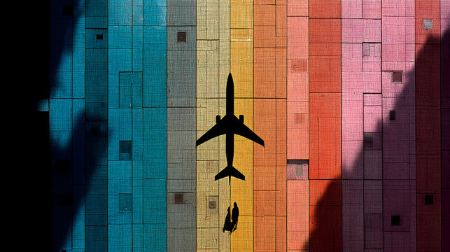 Vibrant aerial journey of a passenger airplane silhouette flying over a multicolored geometric pattern