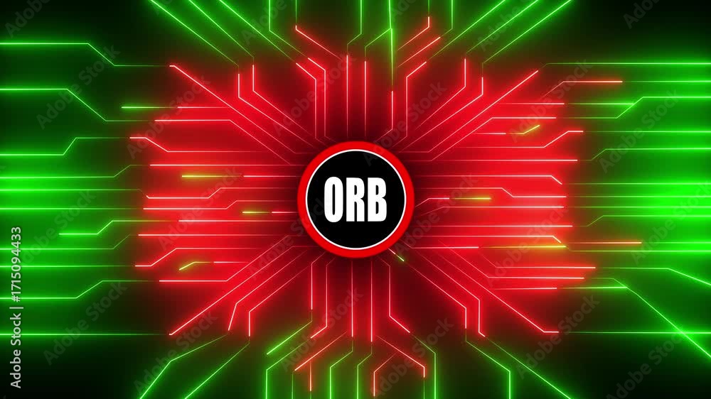Poster dynamic neon circuitry orb animation with red and green glowing lines and a central orb displaying t