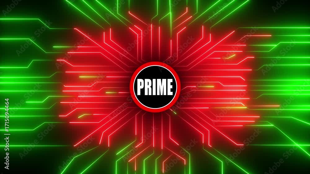 Poster dynamic neon circuit board animation with the word prime centered in a red and black circle against 
