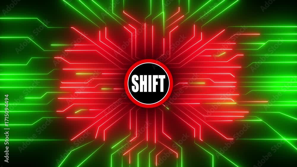 Poster dynamic neon circuitry animation with central shift logo pulsating with red and green lights ideal f