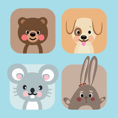 Cute cartoon icons of four animals: bear, dog, mouse, and rabbit. Perfect for kids' apps, games, or educational materials. Bright and cheerful design with simple shapes and colors.