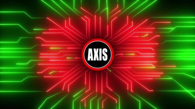 Dynamic neon circuit board animation with central axis logo and pulsating red and green lights