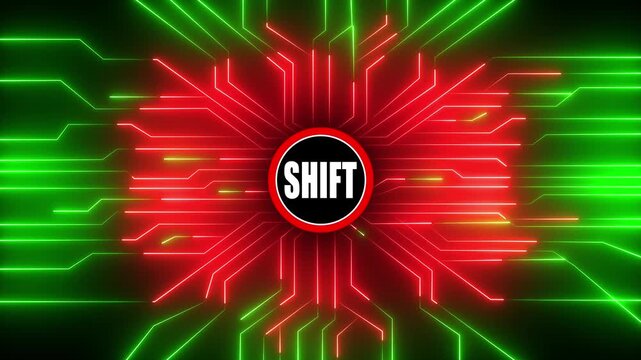 Dynamic neon circuitry animation with central shift logo pulsating with red and green lights ideal for tech and futuristic concepts