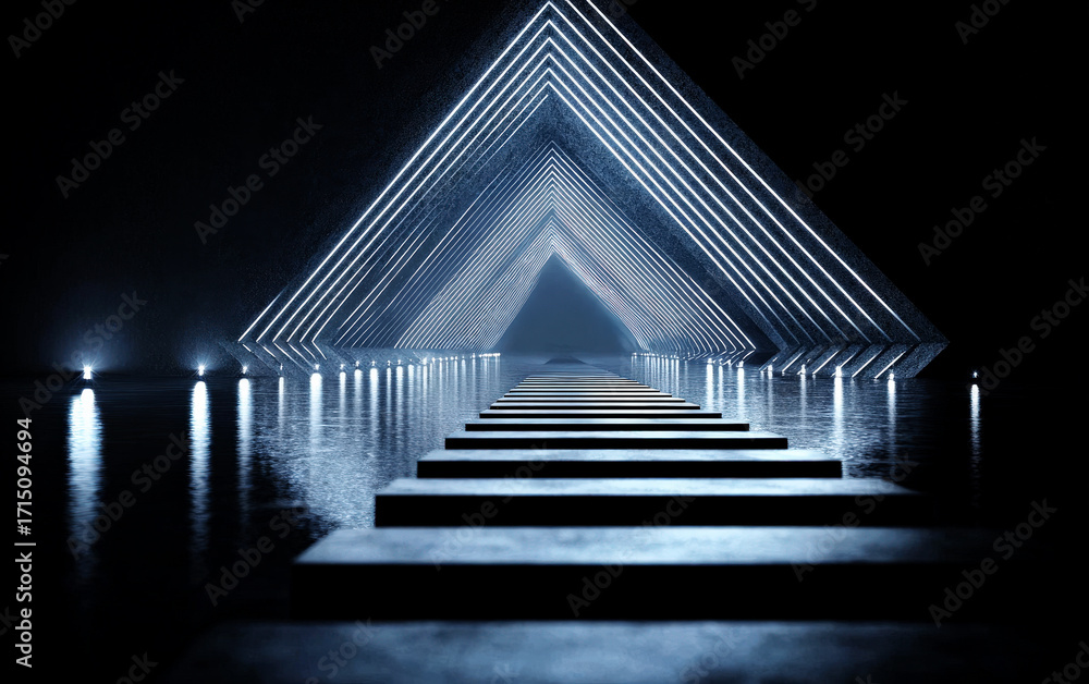 Poster abstract geometric structure with triangular lights and reflective surface
