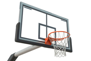 An upward view of a basketball hoop with a net attached to the orange rim against a white background