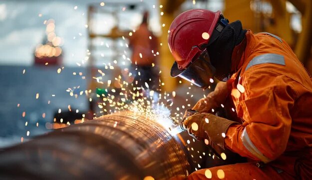 Industrial welder in orange safety suit and red hard hat welding large metal pipe on offshore oil rig platform, bright welding sparks flying, ocean and industrial equipment in background, bright stu