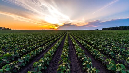 Panoramic view of a soybean field at sunset