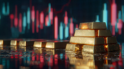 Valuable gold bullion bars stacked against a dynamic backdrop of financial market data, representing investment security, global economic trends, and precious metal wealth