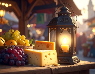 Rustic market scene with cheese and fruit, lit by lantern